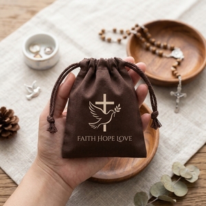 Pochette en toile de coton avec cordon de serrage, imprimé croix, sac cadeau, emballage pour chapelet, sachet personnalisé avec logo - Product Image 3