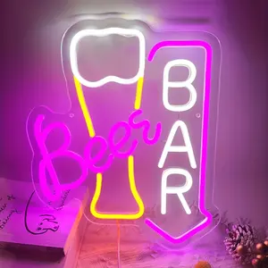 1 pc 맥주 바 네온 사인, 핑크, 벽 장식용 흰색 및 노란색 네온 조명 홈 바 카트 레스토랑 남자 클럽 파티 장식 선물