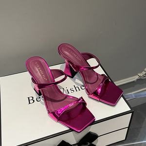 Nuove Scarpe Estive da Donna 2026, Ciabatte <span class=keywords><strong>con</strong></span> <span class=keywords><strong>Tacco</strong></span> Alto in Metallo Rosso Rosa, Punta Quadrata Aperta <span class=keywords><strong>con</strong></span> <span class=keywords><strong>Tacco</strong></span> Sottile - Product Image 2