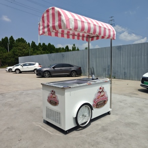 Carrito de Helados de Acero Inoxidable con Sombrilla a Rayas, 2 Ruedas, Carrito de Postres de Yogurt Congelado y Gelato - Product Image 1