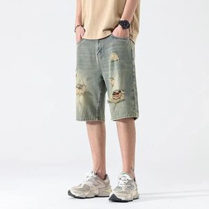 Pantalones cortos vaqueros rasgados para hombre con lavado ácido personalizado, efecto desgastado, estilo casual de verano, 100% algodón, azul claro, corte recto. - Product Image 3