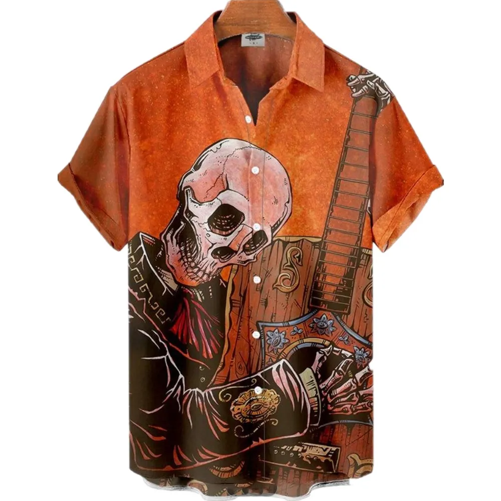 Camisa Hawaiana para hombre, camisas holgadas con estampado de calavera en 3D para hombre, Manga corta transpirable de verano