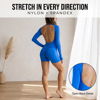 Combinaison de yoga et de fitness pour femme, personnalisable avec logo, en nylon et élasthanne extensible dans les quatre sens, dos nu, manches longues, une pièce, avec short intégré