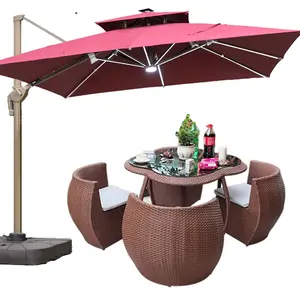 프로모션 거실 전천후 현대 가구 등나무 정원 소파 세트 우산과 야외 등나무 고리 버들 테이블 의자 세트