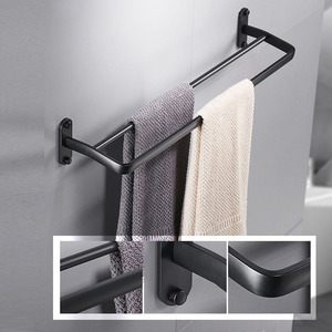 Nessuna perforazione della parete montato nero bagno <span class=keywords><strong>portasciugamani</strong></span> in alluminio auto adesivo nero <span class=keywords><strong>portasciugamani</strong></span> - Product Image 5