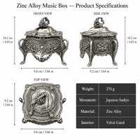 Boîte à musique personnalisée en alliage de zinc avec mouvement Sankyo, couvercle à pompon, intérieur en velours gaufré, vente en gros OEM