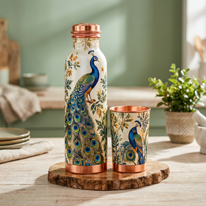 Handcrafted Royal Peacock Copper <b>Water</b> <b>Bottle</b> Leak Proof with Cup Eco Friendly <b>Metal</b> Drinkware - Product Image 1