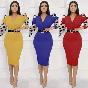 Abito da donna estivo elegante da ufficio da donna con scollo a V stampa a mezza manica tinta unita Africa Falbala <span class=keywords><strong>Midi</strong></span> lavabile naturale - Product Image 3