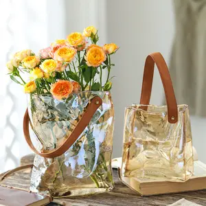 Arte de alta calidad de color moderno boda decoración del hogar bolso hecho a mano Vidrio y Cristal jarrones flor monedero florero