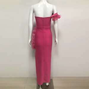 C3858 Hot Rose Red Vestido de noche para mujer Beaded Slit Banquet Formal <span class=keywords><strong>Prom</strong></span> Floral Diamond Pearl Decor Maxi Dress - Product Image 3