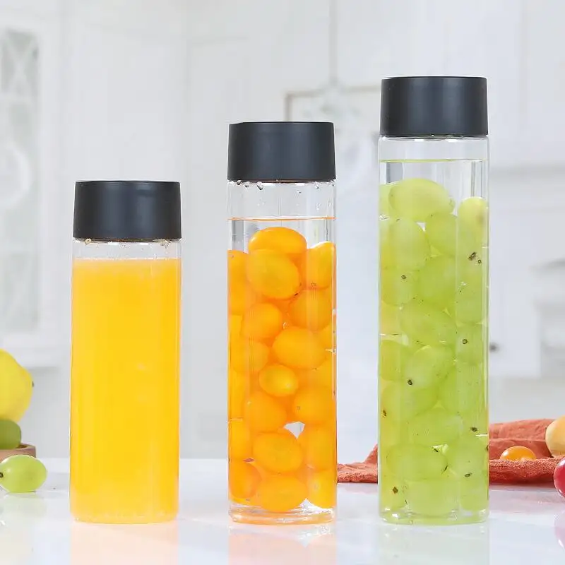 Garrafas plásticas redondas transparentes personalizadas para chá e leite, garrafa PET para bebidas, cilindro com tampa para suco, 8 10 12 16 onças, 500 ml