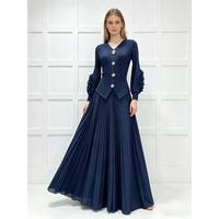 Ensemble élégant haut plissé à manches longues et col en V avec jupe midi fluide pour femme, idéal pour les occasions formelles printemps-été