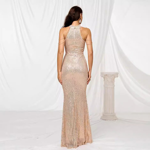 Halter Neck <b>Sequined</b> Bodycon Evening Gown Gold And Wine <b>Red</b> Solid Color Polyester Fiber Mid Waist Formal Dress - Product Image 2
