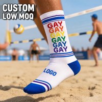 Chaussettes en tricot personnalisées avec logo, blanches, arc-en-ciel, 6 lignes, rayures bleues avec LOGO sur le dos du pied, OEM ODM, faible MOQ