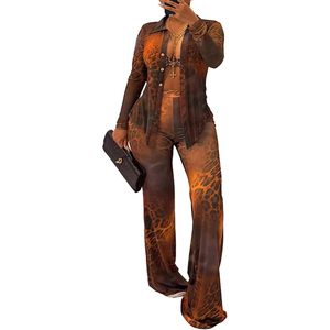 Voikerdr Ensemble deux pièces en maille imprimé guépard pour femme, col en V, transparent, moulant, tenue de club - Product Image 2