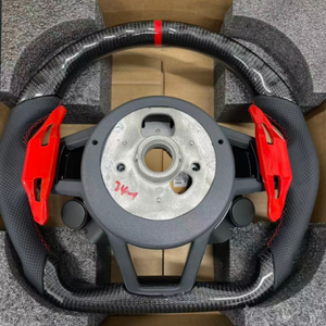 Volant personnalisé en fibre de carbone véritable avec palettes de changement de vitesse rouges pour <span class=keywords><strong>Audi</strong></span> A3 8V A4 B9 A6 C8 Q5 Q7 A6 C7 B8 A5 <span class=keywords><strong>2021</strong></span> - Product Image 5