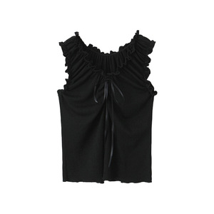 Camisola con volantes y lazo para mujer, color negro liso, poliéster, talla grande N8846, 1 pieza, tirante ancho - Product Image 1