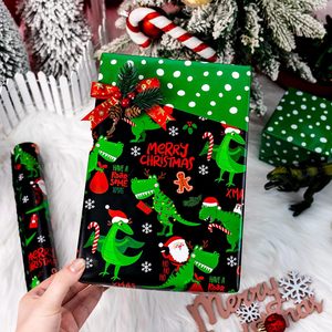 Reversible Black Christmas Wrapping <b>Paper</b> 17x33 Feet Dinosaur Santa Pattern Gift Craft <b>Paper</b> - Product Image 4