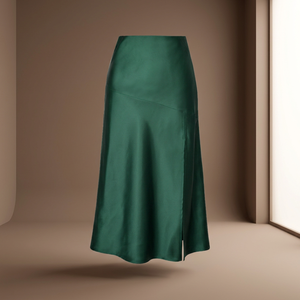 Jupe midi en satin vert uni à taille haute pour femme avec fente latérale, design élégant et droit, à porter toute l'année - Product Image 3
