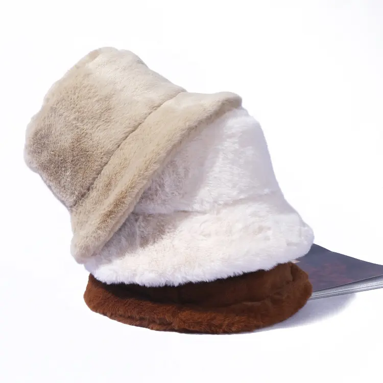 Trendy Designer Custom Logo Girl Plain Polyester Winter Fur Fluffy Fuzzy Furry Fisherman Bucket Hat
