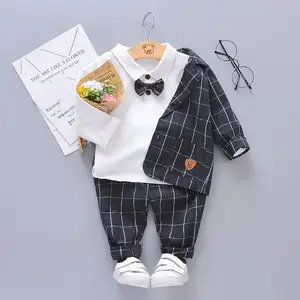 áo cho trẻ em trai đám cưới Suppliers-Boys Suit Set Formal Cotton Tshirt+Plaid Coat+Pants 3 Piece Spring Fall Kids Clothes for Birthday Party Wedding Baby Boy Outfit