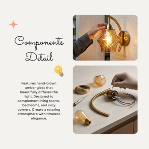 Applique murale en laiton courbée en forme de croissant, verre ambré soufflé à la main, LED, garantie 3 ans, design élégant vintage pour l'éclairage de chambre à coucher - Product Image 3