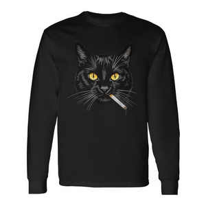 Camiseta de Manga Larga con Estampado de Gato Fumando, Estética de Gato Negro, Cuello Redondo Unisex, Impresión Digital, Ropa Promocional para Adultos - Product Image 3