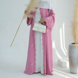 Abito Musulmano Tradizionale da Donna, Cardigan Abaya di Lusso in <span class=keywords><strong>Nida</strong></span> con Ricamo Floreale, Nuovo Modello Modesto Aperto - Product Image 1