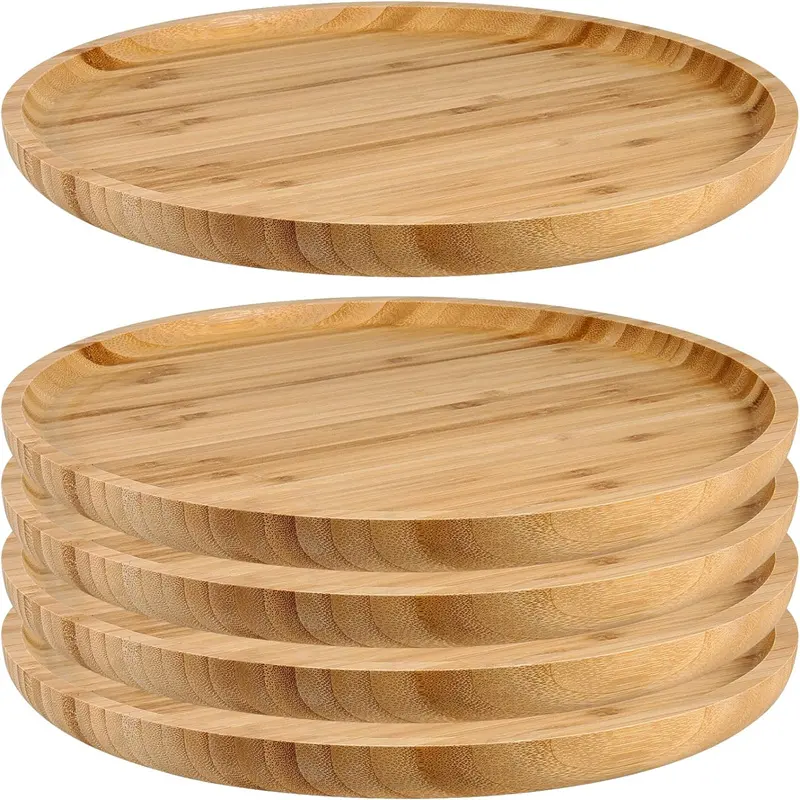 5 Pack 12 Inch Bamboo Round Platter Fine Polished Round Wood Plates Bamboo Serving Tray Bamboo Food Tray