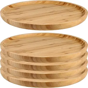 5 paket 12 inç bambu yuvarlak tabağı ince cilalı yuvarlak ahşap plakalar bambu servis tepsisi bambu yiyecek tepsisi