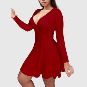 E0104TA53 Precio al por mayor de las mujeres profundo V cuello de la mujer de Color sólido de manga larga vestido acanal. - Product Image 4