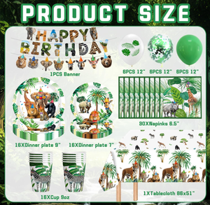 Ensemble de vaisselle et décorations pour fête d'<span class=keywords><strong>anniversaire</strong></span> sur le thème de la jungle et de la faune : assiettes, gobelets, serviettes, nappes, bannières, guirlandes, ballons en latex - Product Image 5