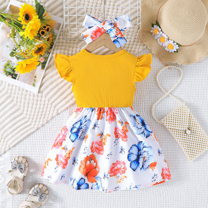 Süßes Kleid mit Schleife und Flügelärmeln für kleine Mädchen, niedliches zweiteiliges Set aus Patchwork-Rock und Kopftuch für Babys - Product Image 2