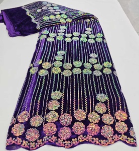 Tela de Encaje de <span class=keywords><strong>Terciopelo</strong></span> con Lentejuelas Bordadas y Cuentas, Estilo Nigeriano, para Vestidos de Mujer, Precio al por Mayor, Gran Venta - Product Image 2