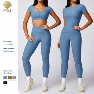 Traje de manga corta para correr, ropa de yoga ajustada de secado rápido con absorción de impactos, traje deportivo de ocio roscado para mujer