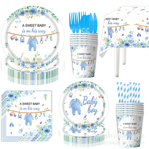 Ensemble de vaisselle imprimé numérique rond bleu pour fête de baptême, 60-80 pièces, décorations d'anniversaire respectueuses de l'environnement - Product Image 2