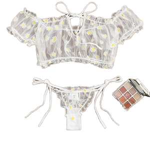 Sexy dames bh en slip set van chiffon, strapless, open schouders, trekkoordjes, 3D borduurwerk, stevige controle, bodysuit, maat XL, ODM - Product Image 6