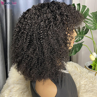 Perruque Courte Bouclée en Cheveux Humains Vierges Remy avec Frange, Style Bob Frisé Kinky, Dentelle Transparente Frontale Sans Colle, Noir Naturel, Sans Perte de Cheveux