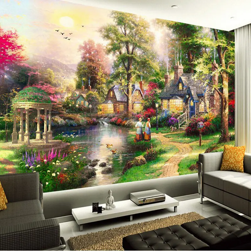 Salon Tv Fond Papier Peint Grand Manoir Mural Chambre Revêtement Mural Pastorale Personnalisé Paysage Peinture À L'huile Murale