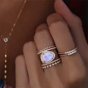 Europese Chic Maanstenen Elegante H Vorm Volledige Finger Ring Voor Vrouwen Dames Nieuwe Ontwerp Ongelijke Steen Mode-sieraden