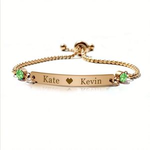 Bracelet tendance en acier inoxydable plaqué or avec 12 pierres de naissance gravées et double breloque diamant - Product Image 2