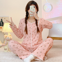 Vente en gros d'usine pyjamas roses solides chemises de nuit à fleurs pour femmes pijamas mujer chemise de nuit nuisettes longues tricotées ensemble vêtements de nuit pour femmes
