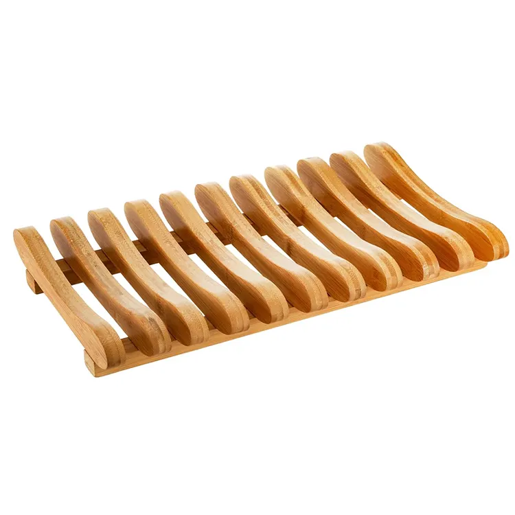 Estante de secado de platos de bambú personalizado, 10 ranuras, soporte de placa de armario de bambú, escurridor de platos, estante de placa de madera, soporte de tapa de olla