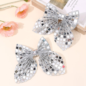 Silver <b>Mirror</b> Sequin Bow Hair <b>Clips</b> 3D Shiny Hair Barrettes For Girls Kids Party Dance Festival Side Hair Accessories - Product Image 1