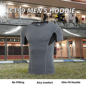 C199 Sudadera con capucha de cuello redondo ajustada para hombre, transpirable, de manga larga, de otoño, bordada, con patrón sólido - Product Image 2