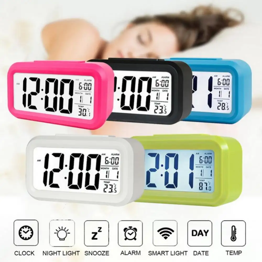 Réveil LED Montre numérique Rétro-éclairage Snooze Mute Calendrier Affichage de la température Horloge de table Réveil électronique de bureau