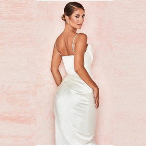 MANNI Femmes Sexy Satin Froncé Côté Asymétrique Col V Moulante Robes Blanc Robe De Soirée Cami - Product Image 6