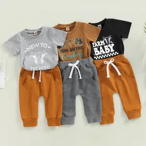 Модный комплект из 2 предметов для новорожденных, футболка с коротким рукавом и буквенным принтом и штаны, комплекты одежды для маленьких мальчиков