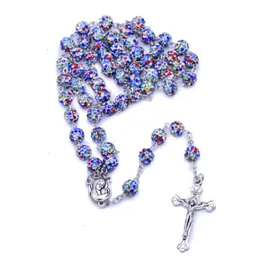 High-grade Luxury Crystal Church Colorful Clay Rosary Diamond Rhinestone Beads Cross Rosary Necklace