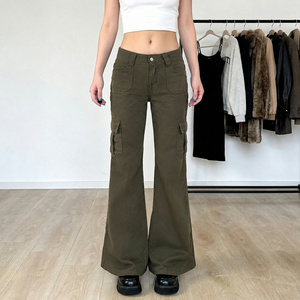 Women Low Waist Cargo Flare Pants Multi Pocket Wide Leg Trousers Casual Streetwear Slim Fit <b>Stretch</b> Bell Bottom Pants - Product Image 5